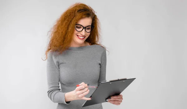 Beautiful Curly Redhead Caucasian Woman Showing Different Emotional Expressions Grey — Stock Photo, Image