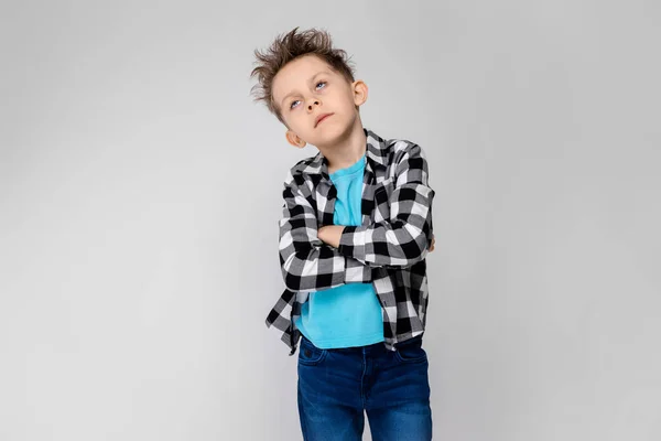 Trevliga Kaukasiska Förskolebarn Pojke Casual Outfit Visar Olika Uttryck Vita — Stockfoto