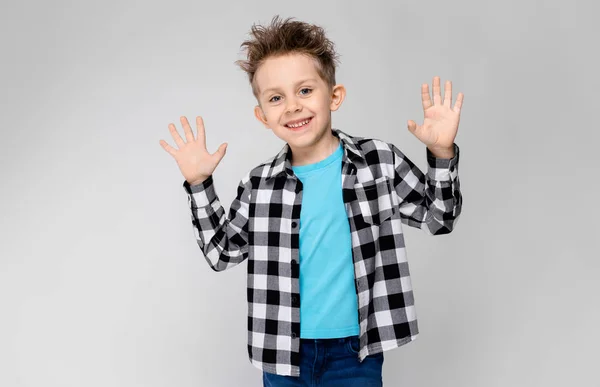 Nice Caucasian Preschooler Boy Casual Outfit Showing Different Expressions White — Stock Photo, Image