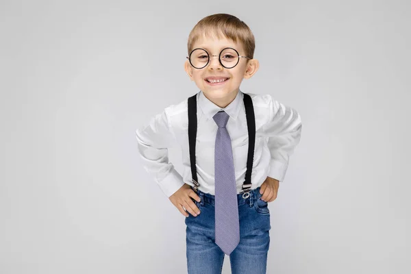 Portrait Adorable Serious Confident Little Boy Glasses Grey Background — Stock Photo, Image