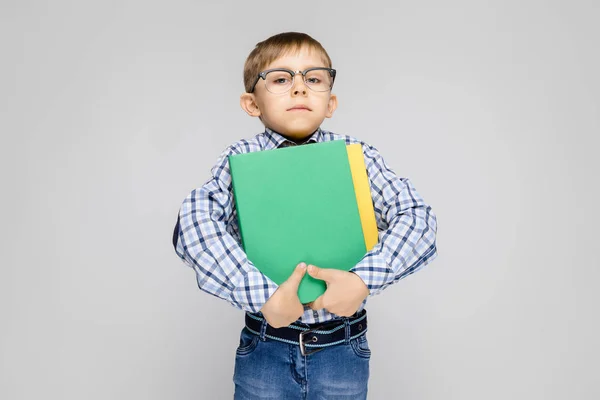 灰色の背景にカラフルなフォルダーを保持しているメガネの愛らしい男の子の肖像画 — ストック写真