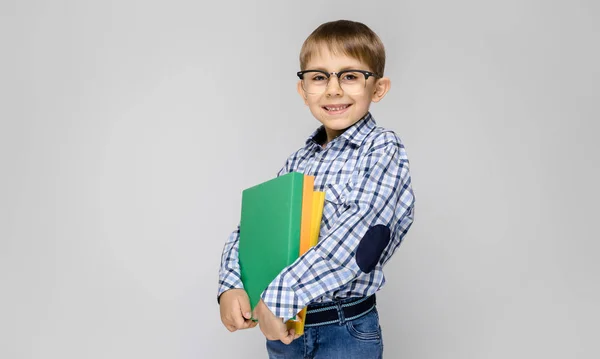 灰色の背景にカラフルなフォルダーを保持しているメガネの愛らしい男の子の肖像画 — ストック写真