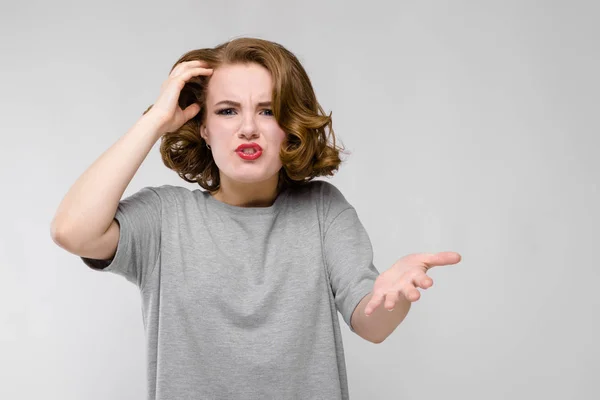 Portrait Beautiful Redhead Happy Young Woman Grimacing Gray Background — Stock Photo, Image