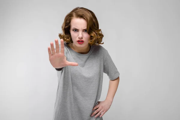 Portrait Beautiful Redhead Happy Young Woman Showing Stop Gesture Gray — Stock Photo, Image