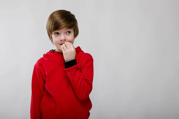 Söt säker kaukasiska lite listiga pojke i röd tröja på grå bakgrund — Stockfoto