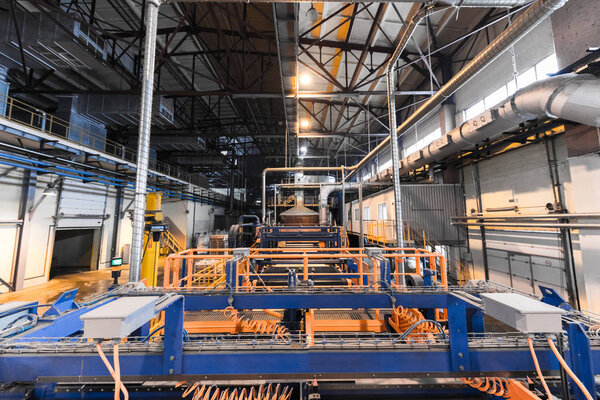 Factory workshop interior and machines on glass industry background process of production