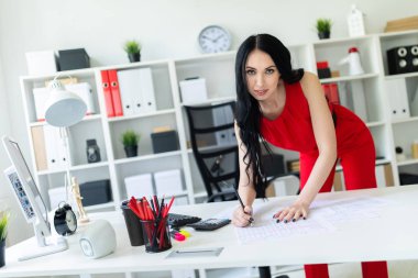 Güzel kız belgeler, hesap makinesi ve bilgisayar Office ile çalışma.