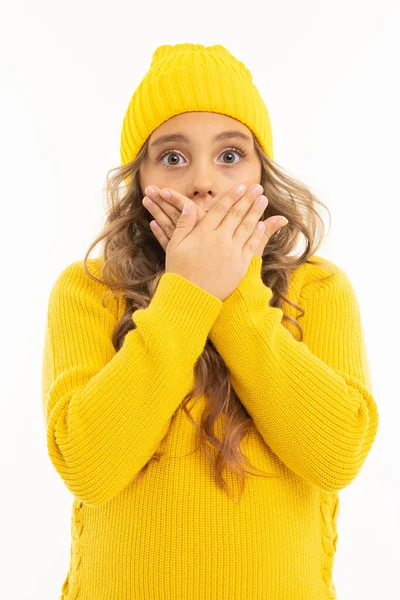 Beautiful Girl Yellow Clothes Posing White Background — Stock Photo, Image