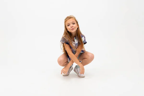 Cute Emotional Little Girl Posing Studio Gray Background — Stock Photo, Image