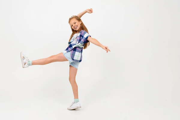 Cute Emotional Little Girl Posing Studio Gray Background — Stock Photo, Image