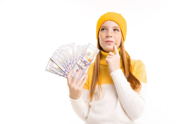 Cute Teenage Girl Yellow Hat Posing Money White Background — Stock Photo, Image
