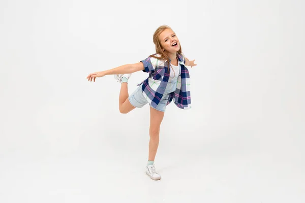 Cute Emotional Little Girl Posing Studio Gray Background — Stock Photo, Image