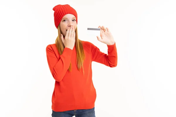 Cute Girl Holding Credit Card Posing White Background — Stock Photo, Image