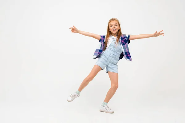 Cute Emotional Little Girl Posing Studio Gray Background — Stock Photo, Image