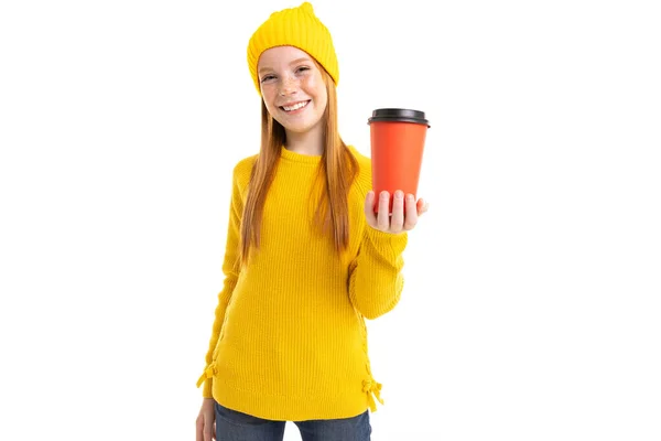 Cute Teenage Girl Yellow Hat Posing Paper Glass White Background — Stock Photo, Image