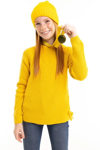 Cute Teenage Girl Yellow Hat Posing Award White Background — Stock Photo, Image