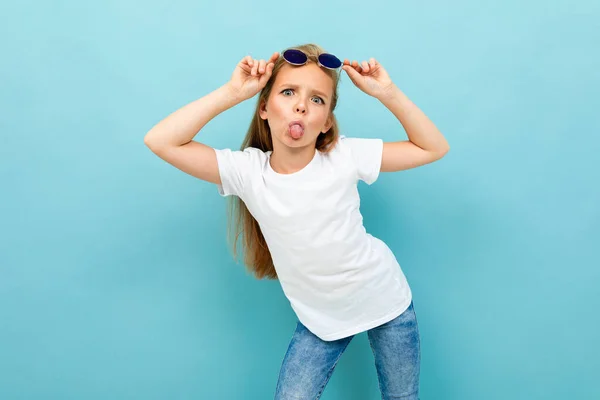 Cute Little Girl Posing Blue Background — Stock Photo, Image