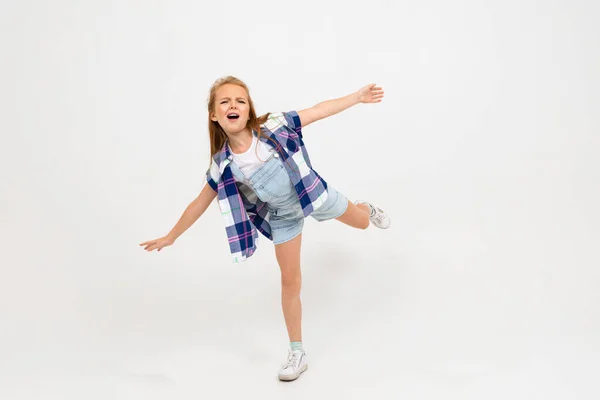 Cute Emotional Little Girl Posing Studio Gray Background — Stock Photo, Image