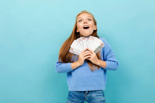 Cute Little Girl Money Posing Blue Background Royalty Free Stock Photos