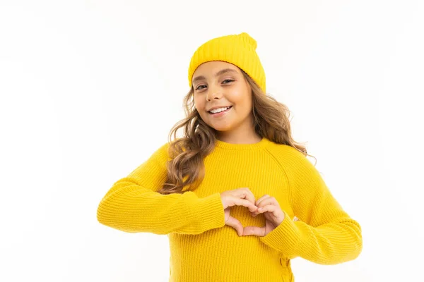 Hermosa Chica Ropa Amarilla Posando Sobre Fondo Blanco —  Fotos de Stock