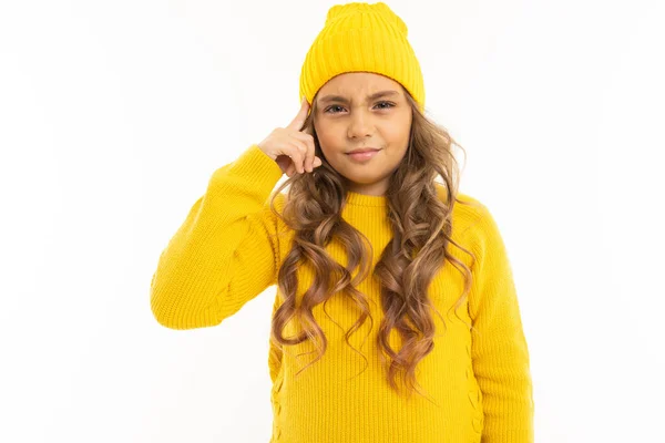 Beautiful Girl Yellow Clothes Posing White Background — Stock Photo, Image