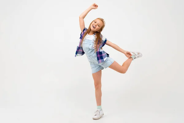 Cute Emotional Little Girl Posing Studio Gray Background — Stock Photo, Image
