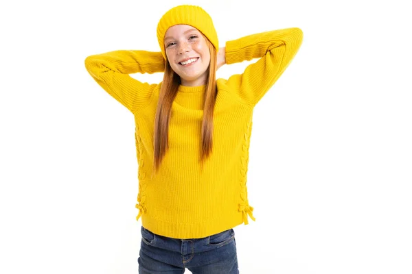 Cute Teenage Girl Yellow Sweater Hat Posing White Background — Stock Photo, Image