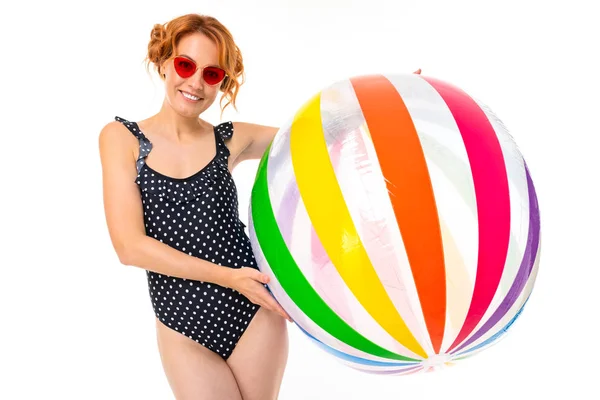 Young Woman Sunglasses Posing Inflatable Ball White Background — Stock Photo, Image