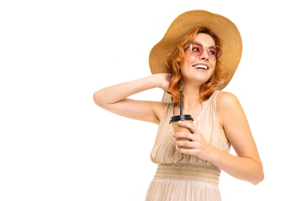 Young Woman Dress Posing Coffee Cup White Background — Stock Photo, Image