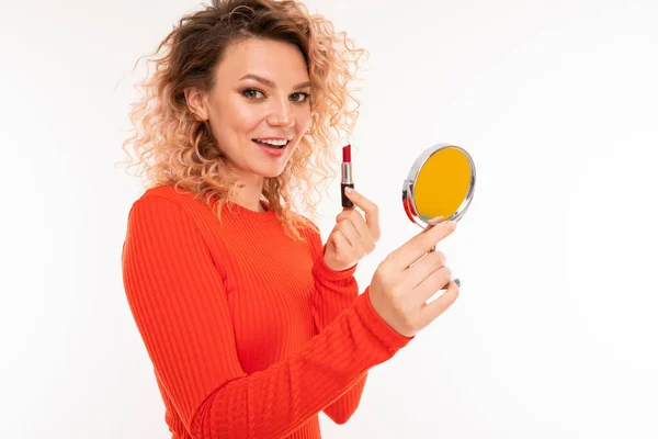 Young Beautiful Woman Lipstick — Stock Photo, Image