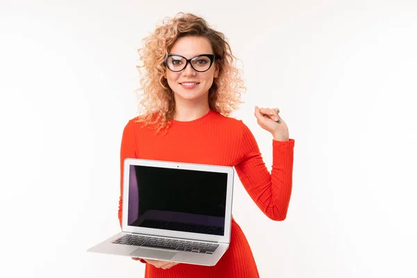 Young Woman Red Dress Posing Laptop White Background — Φωτογραφία Αρχείου
