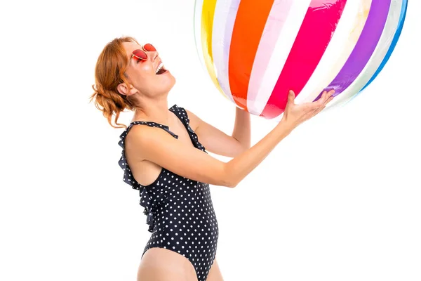 Young Woman Sunglasses Posing Inflatable Ball White Background — Stock Photo, Image