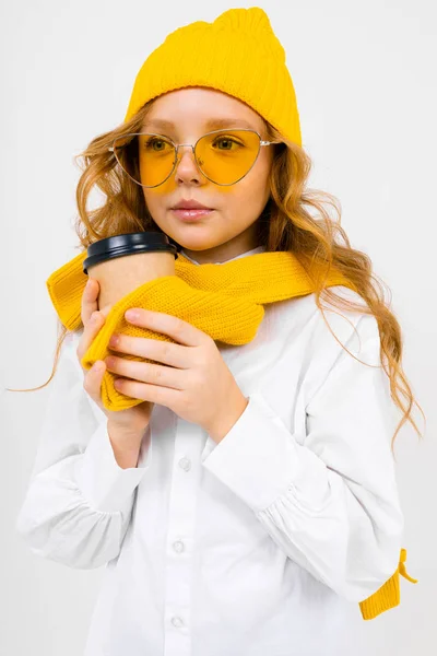 Fashionable Schoolgirl Posing Coffee Cup Studio Light Background — Stock Photo, Image