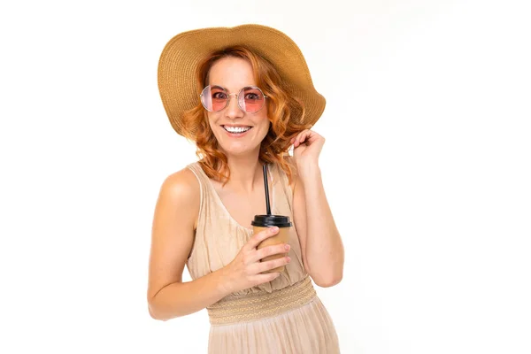 Young Woman Dress Posing Coffee Cup White Background — Stock Photo, Image