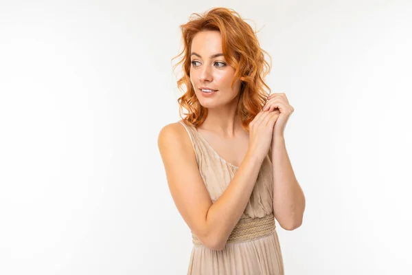 Young Woman Dress Posing White Background — Stock Photo, Image