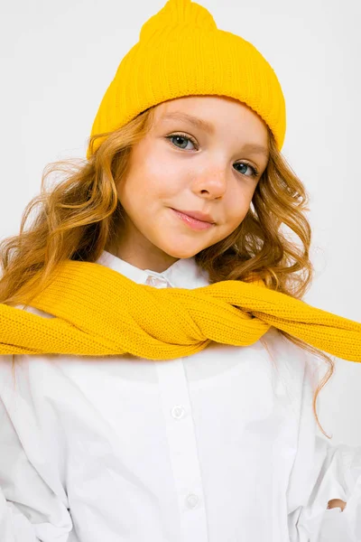 Portrait Fashionable Cute Little Girl Posing Light Background Wearing Yellow — Stock Photo, Image