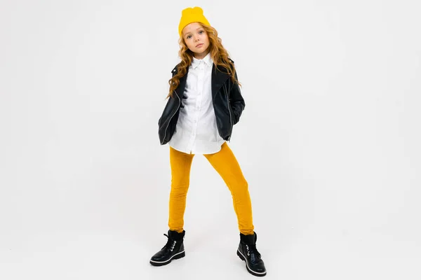 Cute Fashionable Little Girl Leather Jacket — Stock Photo, Image