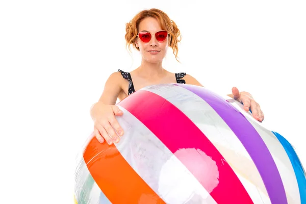 Young Woman Sunglasses Posing Inflatable Ball White Background — Stock Photo, Image