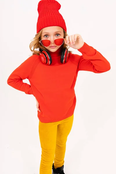 Cute Girl Red Eyeglasses Posing Headphones Studio Light Background — Stock Photo, Image