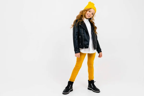 Cute Fashionable Little Girl Leather Jacket — Stock Photo, Image