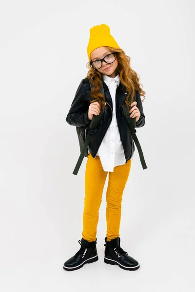Cool Little Girl Laser Jacket Posing Backpack Studio Light Background — Stockfoto