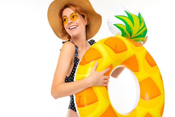 Young Woman Sunglasses Posing Rubber Ring White Background — Stock Photo, Image