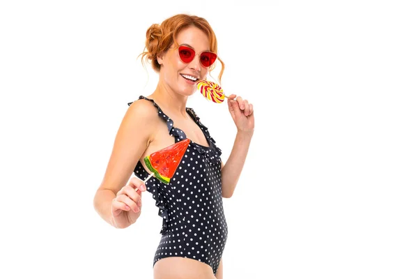 Young Woman Sunglasses Posing Candies White Background — Stock Photo, Image
