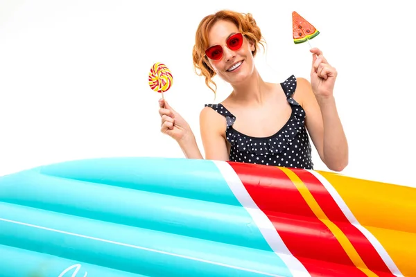 Young Woman Sunglasses Posing Candies White Background — Stock Photo, Image