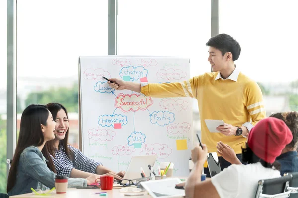 Genç Asyalı yaratıcı iş adamı modern ofiste ayakta duruyor ve sunum yapıyor. Fikirleri ters çizelgeye koyarak ekiple konuşup beyin fırtınası yapıyor. Sıradan insanlar iş görüşmesi konsepti.