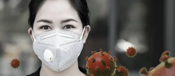 Знамя Азиатки Здоровой Маске Защищает Коронный Вирус Вспышка Коронавируса 2019 — стоковое фото