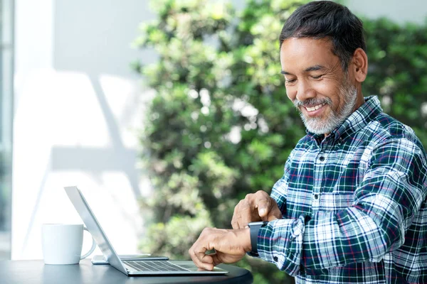 Smiling Happy Mature Asian Man White Stylish Short Beard Using Stock Photo