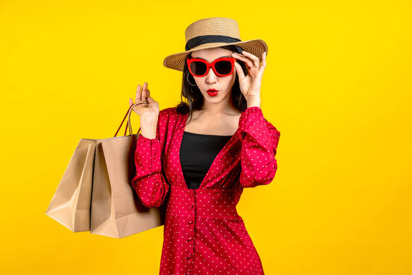 Asian Trendy Shopaholic Woman Excited New Purchases Sales Holding Shopping Royalty Free Stock Images