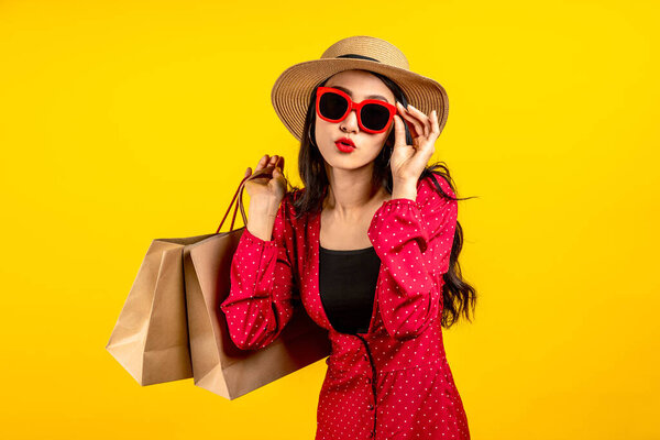 Asian Trendy Shopaholic Woman Excited New Purchases Sales Holding Shopping Stock Image