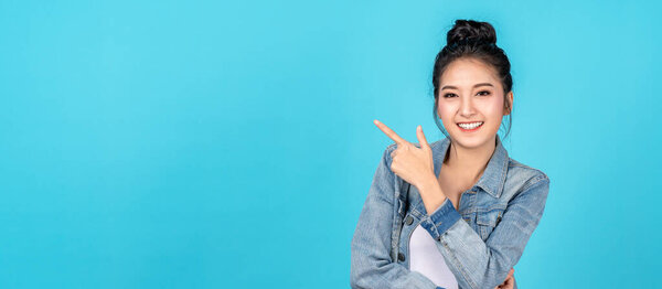 Banner Happy Asian Woman Standing Pointing Hands Copyspace Blue Background Stock Picture